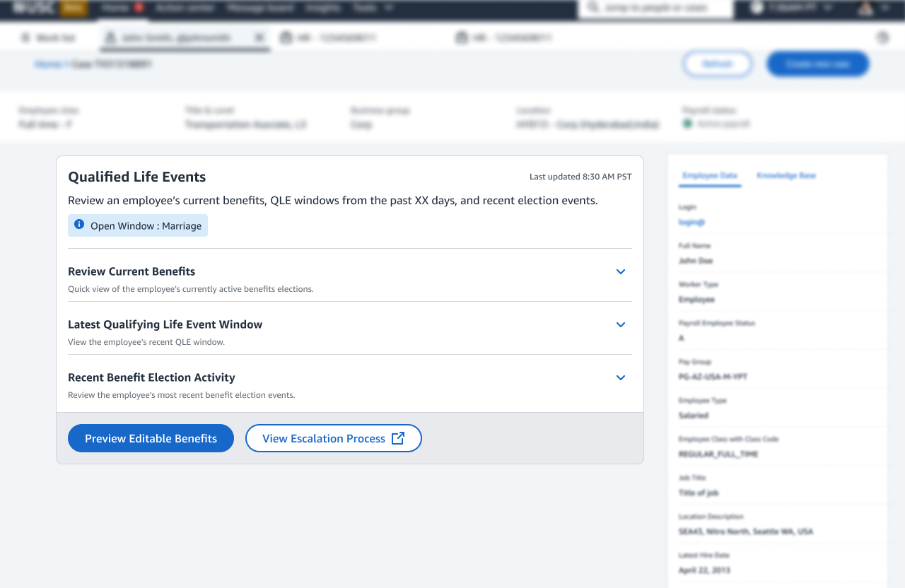 The resolution panel with every step closed: the open marriage window at the top, three collapsed steps for current benefits, the latest life-event window and recent election activity, then the available admin actions